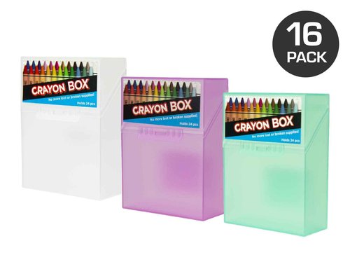 It's Academic Crayon Box with Hinged Lid and Snap Closure, Clear, Purple, and Green Plastic,(Colors May Vary) 16 Count (Pack of 4)