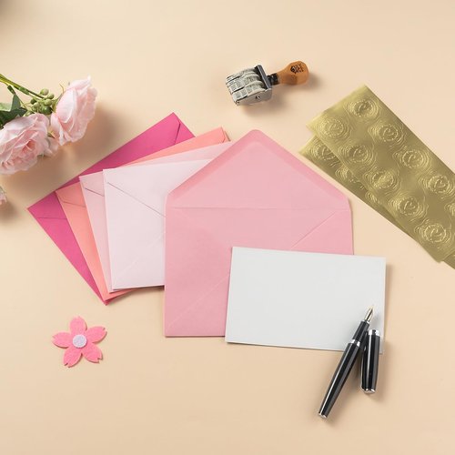 Toperd 100 Pieces A7 Envelopes with Gold Stickers 5 Colors 5.24 x 7.24 Inches for Wedding Cards, Birthday, Baby Shower, Invitations (5 Pink, 5 1/4 x 7 1/4 inches)