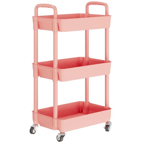 Laiensia 3-Tier Rolling Cart with Wheels,Multifunction Utility Storage carts, Kitchen Storage Organizer,Mobile Shelving Unit for Bathroom,Laundry,with Classified Stickers,Pink