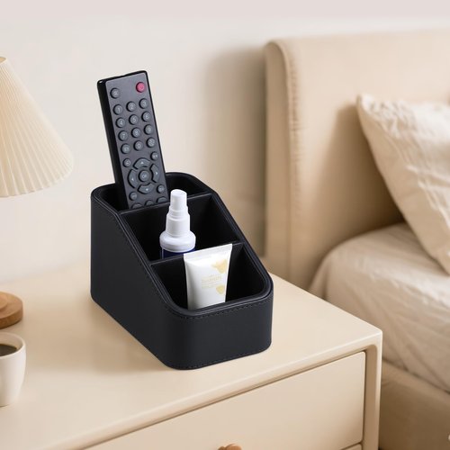 NICLNGSH PU Leather Remote Control Holder, Small Desk Organizer Office Supply Bedside Caddy for Nightstand End Table Couch, Pen Remote Organizer with 3 Compartments (Black)