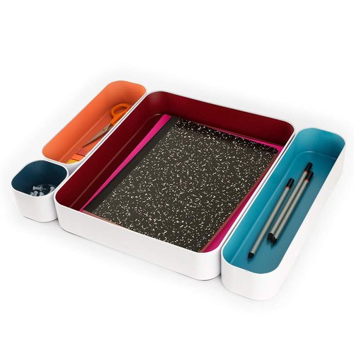 Three By Three Seattle 4 Piece Metal Organizer Tray Set for Storing Makeup, Stationary, Utensils, in Office Desk, Kitchen and Bathroom Drawers (2 Inch, Berry, Sunset, Blue, Stripes)
