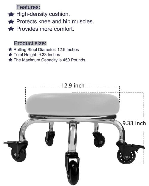 IMMER LIEBEN Heavy Duty Rolling Stool with Wheels PU Leather Low Roller Seat for Adult Child Home Shop Garage Kitchen for Pottery Making Modern Round White