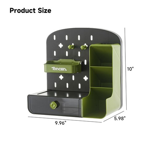 UFORU Desk Organizer with Drawers, Wall-Mounted Storage Panel with Hooks Shelves, Space-Saving Multi-Purpose Pen Holder for Home Office, Kitchen, Workshop (Greener)