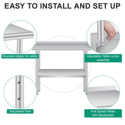 Stainless Steel Table for Prep & Work 48 x 24 Inch with Backsplash, Commercial Heavy Duty Table with Adjustable Under Shelf for Commercial Kitchen Restaurant Busines