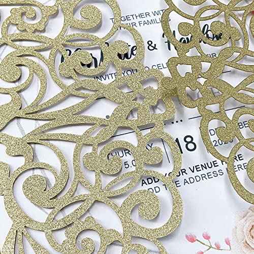 50Pcs Laser Cut Wedding Invitation With Glitter Envelopes And Ribbons Blank Personalized Card Invitaciones Para quincea?era Birthday Baby Shower Christmas Party Bridal Shower (Gold)