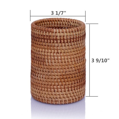Handmade Vine Desk Organizer Pen Container Box Tea Caddy Makeup Brushes Holder Stand, Rattan Pencil Holder, Boho Table Décor Office Cups Organizer for Desk, Stationery, Flower Vase, Brown, (Cylinder)
