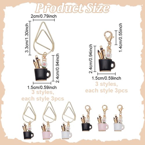 PLIGREAT 9 Pcs Alloy Paperclips with 9 Pcs Enamel Pen Charms Creative Decorative Paper Clips Cute Pendant Bookmarks Mixed Paper Clamps for Document Organizing Scrapbooks Office School Supplies