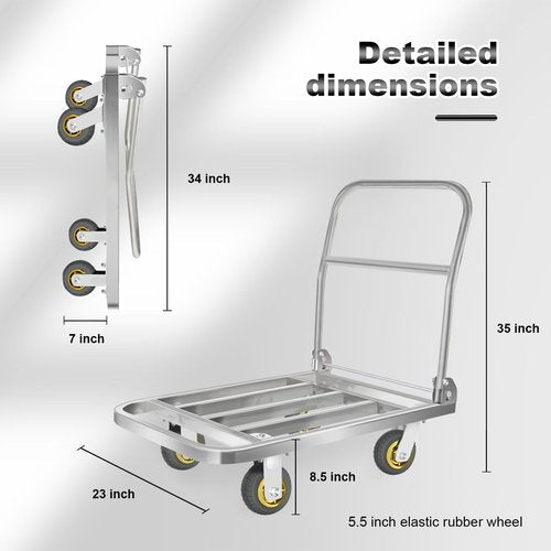 Uholan Fold Platform Truck 660lbs Stainless Steel Square Tube Cart 35.43in x 23.62in Flat Dolly 6in Elastic Rubber Wheel Used for Warehouse Transport Groceries Heavy-Duty Utility Hand Truck