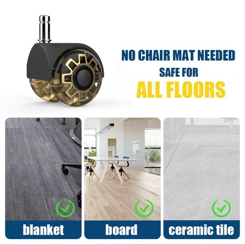 Office Chair casters,2 inch Replacement Desk Chair Wheels,Safe Quiet Rolling for Office Chair(Set of 5),Mute Rubber Rotating Desk Chair Caster Wheels, Safe for All Floors(Gold)