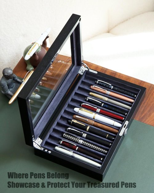 Bonaking Wood Pen Display Case with 12 Pens, Fountain Pen Display Box, Lockable Pen Storage Box with Glass Top, Pen Box Organizer, Pen Collection Display Case (Black with Gray Velvet)