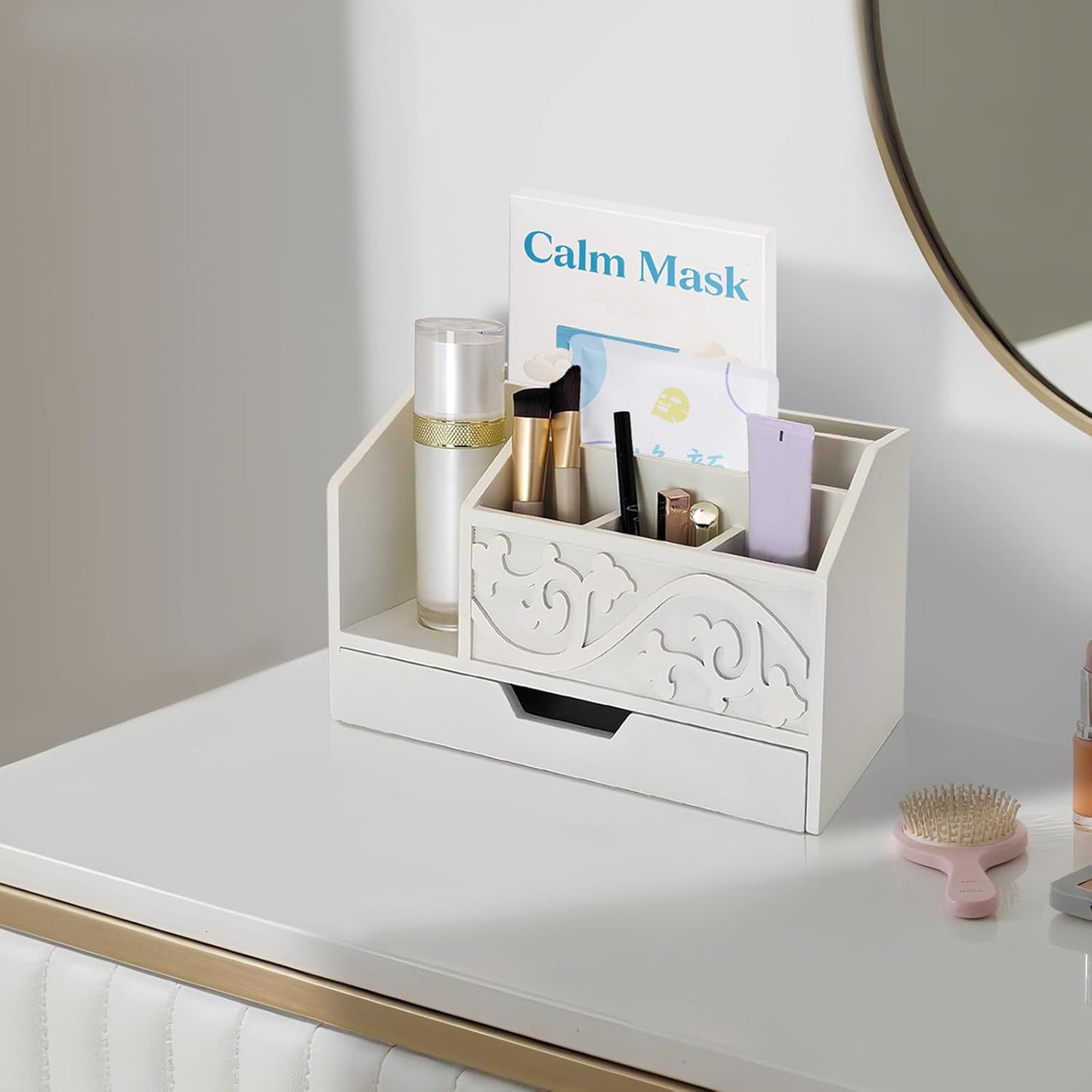 Skiennix White Wooden Mail Organizer - Stylish Three-Tier Desk Accessory with Drawer for Office Storage