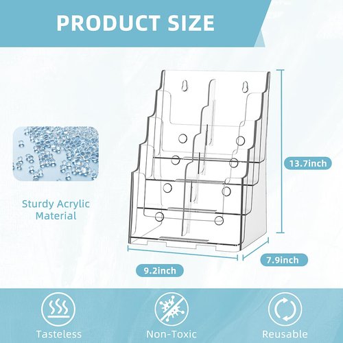 PPH-Sisy Acrylic Brochure Holder 8.5 x 11 inch Brochure Display Stand, Magazine Holder 4 Tier Pamphlet Holder with Removable Divider for 4 x 9 inch Brochures for Wall Mount or Desktop