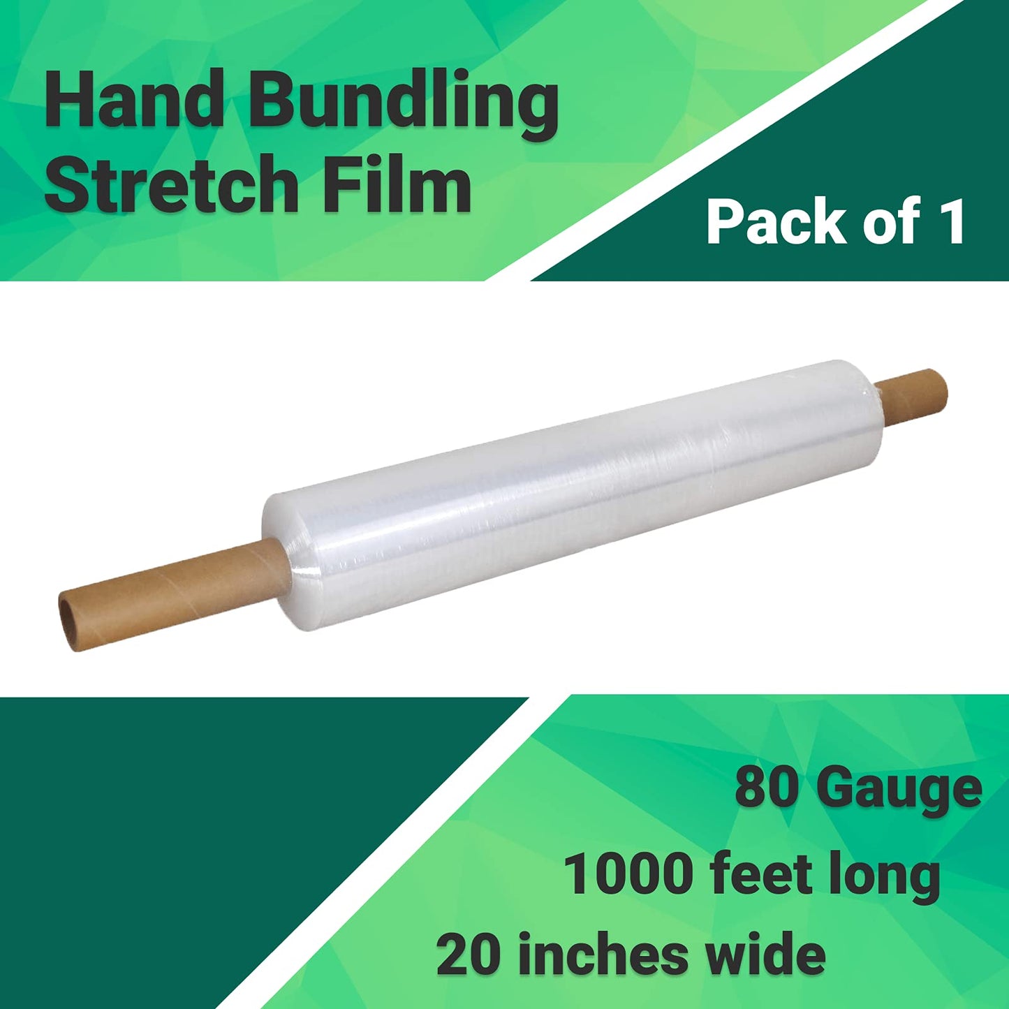 IDL Packaging 20" x 1000' Hand Stretch Wrap Roll of 80 Gauge with Extended Cardboard Handles (1 Roll) - Extra Sticky Clear Plastic Wrap Film - Pallet Wrap Stretch Film for Packing, Shipping & Moving