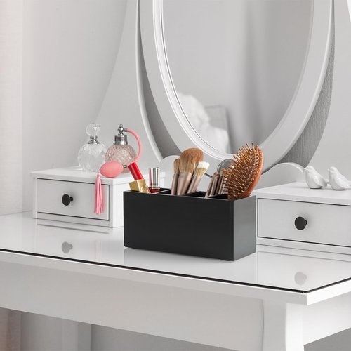 Bivvclaz Pencil Pen Holder for Desk, Wooden Office Desk Organizers and Accessories with 4 Slots for Countertop, Makeup Brush Holder Organizer for Bathroom Vanity, Silverware Caddy for Party, Black