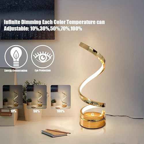 ELINKUME Spiral Lamp,Gold Table Bedside Lamps with Touch,Max 12W,Stepless Dimming Home Desk Lamp,3 Color(3000K/4500K/6000K),Gold Desk Light for Bedroom,Living Room,Study,Office,Kids Room,Meeting Room