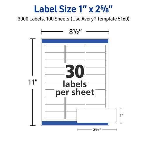 Avery Easy Peel Printable Address Labels with Sure Feed, 1" x 2-5/8" Customizable Stickers, White, 3,000 Blank Mailing Labels, Great for Mailing, Shipping, and More (5160)