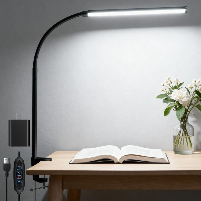 Akynite LED Desk Lamp with Clamp Clip on Reading Light Dimmable USB Small Clamp Lamp with 3 Color Modes 10 Brightness, Adjustable Flexible Gooseneck Workbench Light for Bed Headboard, Nail, Computer