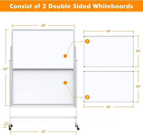 Maxtek Dry Erase Whiteboard - Height Adjustable Mobile Easel on Wheels | 48" x 60" Double-Sided Magnetic Board for Office & Home