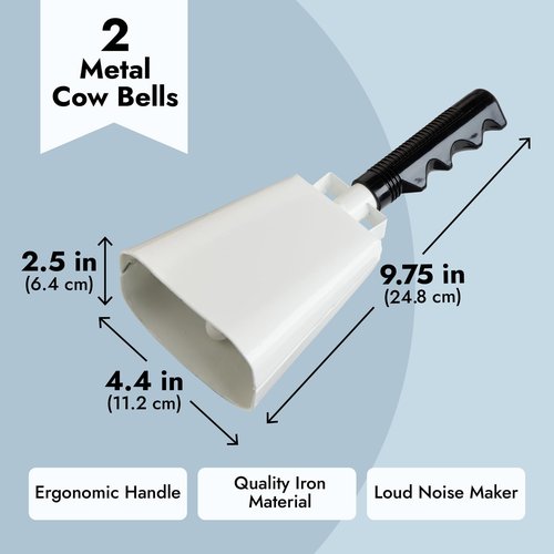 BLUE PANDA 2 Pack Cow Bells - Cowbells for Sporting Events - Percussion Noise Makers with Handle for Football Games, Stadiums (White Cowbell) 9.5-inch Cow Bell