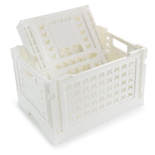 HOYA PONYOO 2-Pack Pastel Plastic Storage Crates, Foldable & Stackable Crates for Home, Office, Bathroom, 12 x 8.7 x 7 Inch Collapsible Organizers, White, Middle