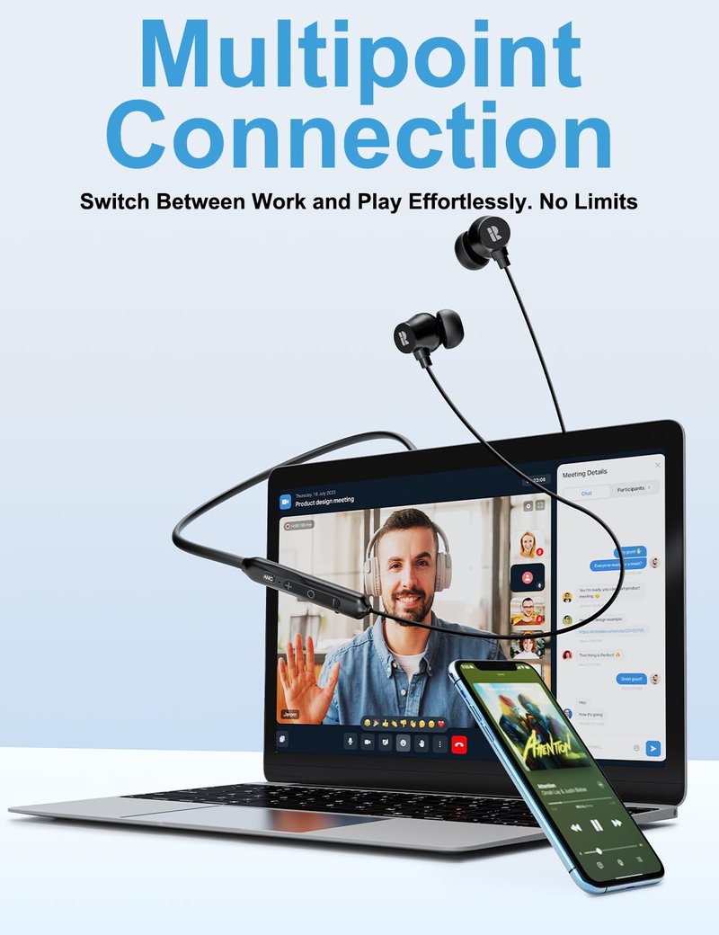 Rythflo Active Noise Cancelling Headphones, Wireless in Ear Neckband Blutooth Headphones with 3 AI Mics ENC, 60Hrs Playtime, V5.3 Multipoint Connection Magnetic Earbuds for Work/Travel/Office