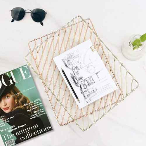 Fvstar Rose Gold File Organizer for Desk Letter Size Desk Paper Organizer Trays Large Capacity Metal File Organizer Paper Tray Wire Basket Bins for Office Desktop,12.5" x 9.4" x 1.9"