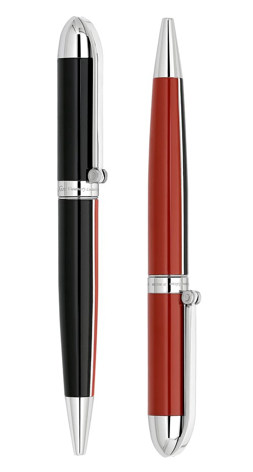 Xezo Visionary Brass and Aluminum Ballpoint Pen, Medium Point. Hand Lacquered in Red and Black Color. Numbered in Limited Edition of 500. Classic Art Deco Color Disposition, Retrofuturistic Body Style