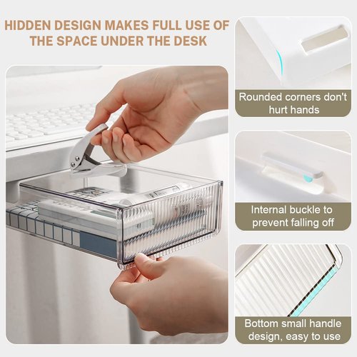 2Pcs Under Desk Storage Drawers, Large & Medium, Stick On, Hidden Under Table, Organizer for Home Office & School - Clear White
