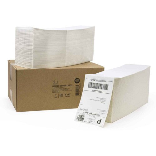 Buhbo 4" x 6" Direct Thermal Labels - Perforated BPA Free - Compatible with Zebra & Rollo Printer - Commercial Grade Shipping (4000 Fanfold Labels - 2 Stacks of 2000)