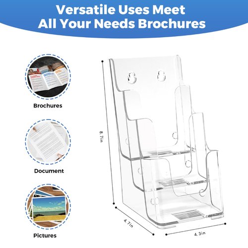 3 Tier Acrylic Brochure Holder 4 x 9 Inches 2 Pack Clear Literature Holders Plastic Flyer Display Stand Thicker Countertop Organizer for Pamphlets Magazines Booklets Menus, Desk & Wall Mount
