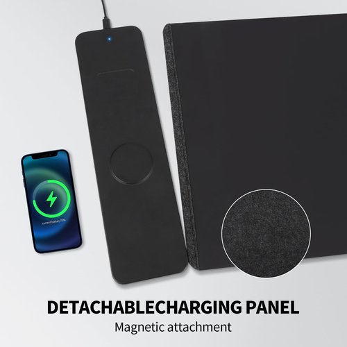 Wireless Charging Mouse Pad,Dual Fast Charger, Reversible Felt & PU Leather Desk Mat, for Office & Gaming, Large Surface, iPhone & Android Compatible – Black