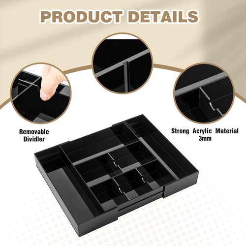 Briwooody 1 Pc Acrylic Desk Drawer Organizer Maximum 12 x 18 x 2.1 Inch Expandable Drawer Organizer Trays with 8 Adjustable Compartments Desk Accessories for Makeup Silverware Office Bathroom (Black)