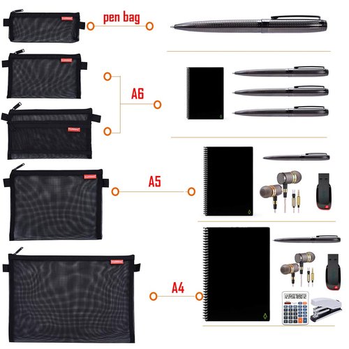 Pendancy Mesh Zipper Pouch 5pcs Lightweight Nylon File Folders Document Organizer Cosmetic Bags Accessories Storage for Travel and Office Supplies (Black, A4 A5 A6)