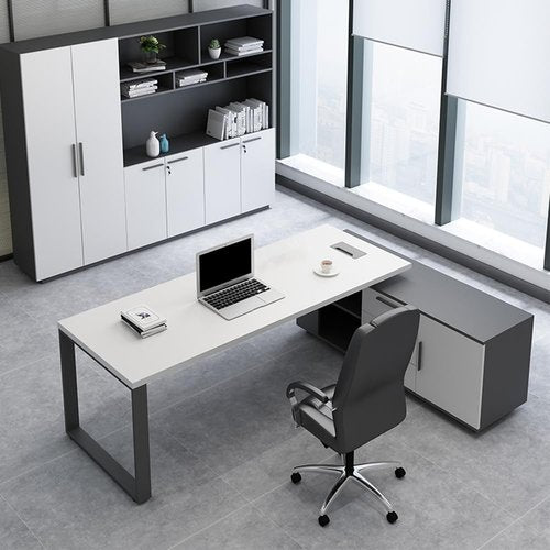 White Manager Office L-Shaped Desk Simple Modern President Desk Large Steel Wood boss Supervisor and Chair Combination (Right Cabinet, 180cm*160cm*75cm)