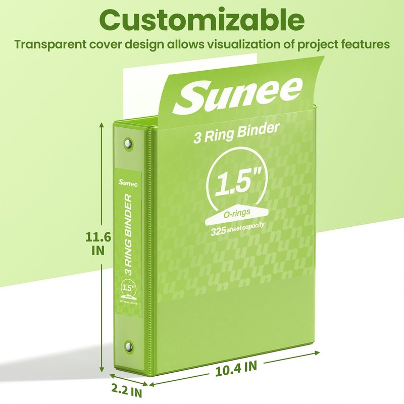 SUNEE 3 Ring Binder 1.5 Inch 1 Pack, Clear View Binder Three Ring PVC-Free (Fit 8.5x11 Inches) for School or Office Supplies, Tender Green