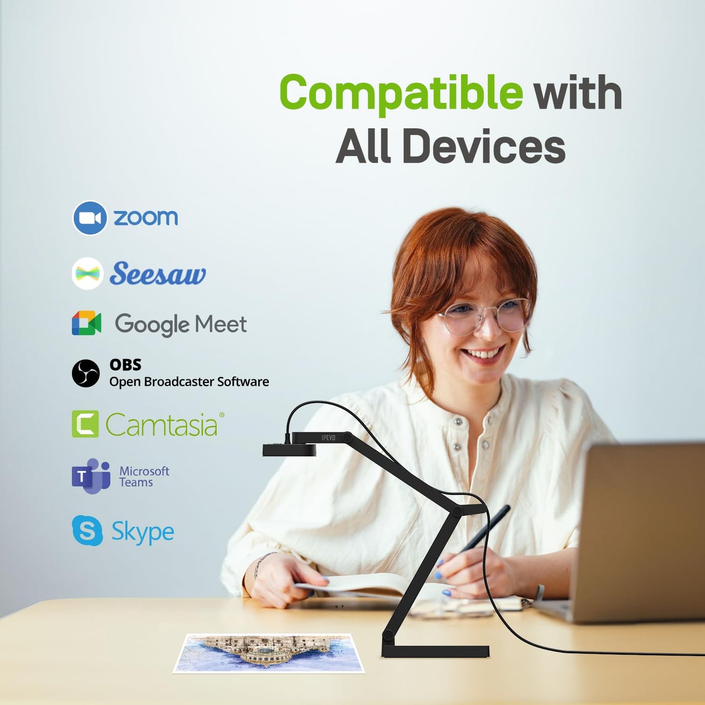 IPEVO V4K-13MP Ultra USB Document Camera, 4K Ultra HD Resolution, Auto-Focus, High-Definition Imaging, Plug and Play. On-The-Go, for Teaching, Visualization, Online Learning, and Web conferencing