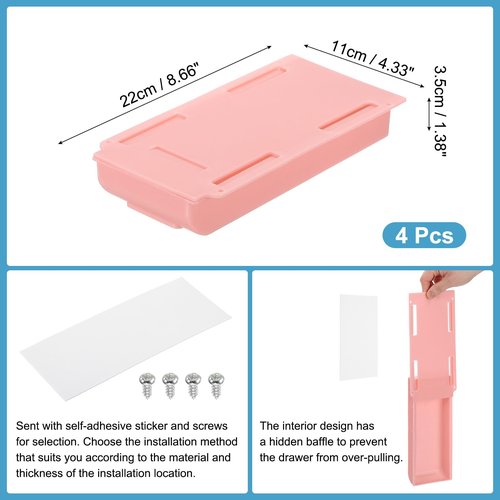 PATIKIL Under Desk Drawer, 4 Pcs Under Table Storage Self-Adhesive Attachment Drawers Organizer for Pens Standing Desk Office Studio Home, Pink, Small
