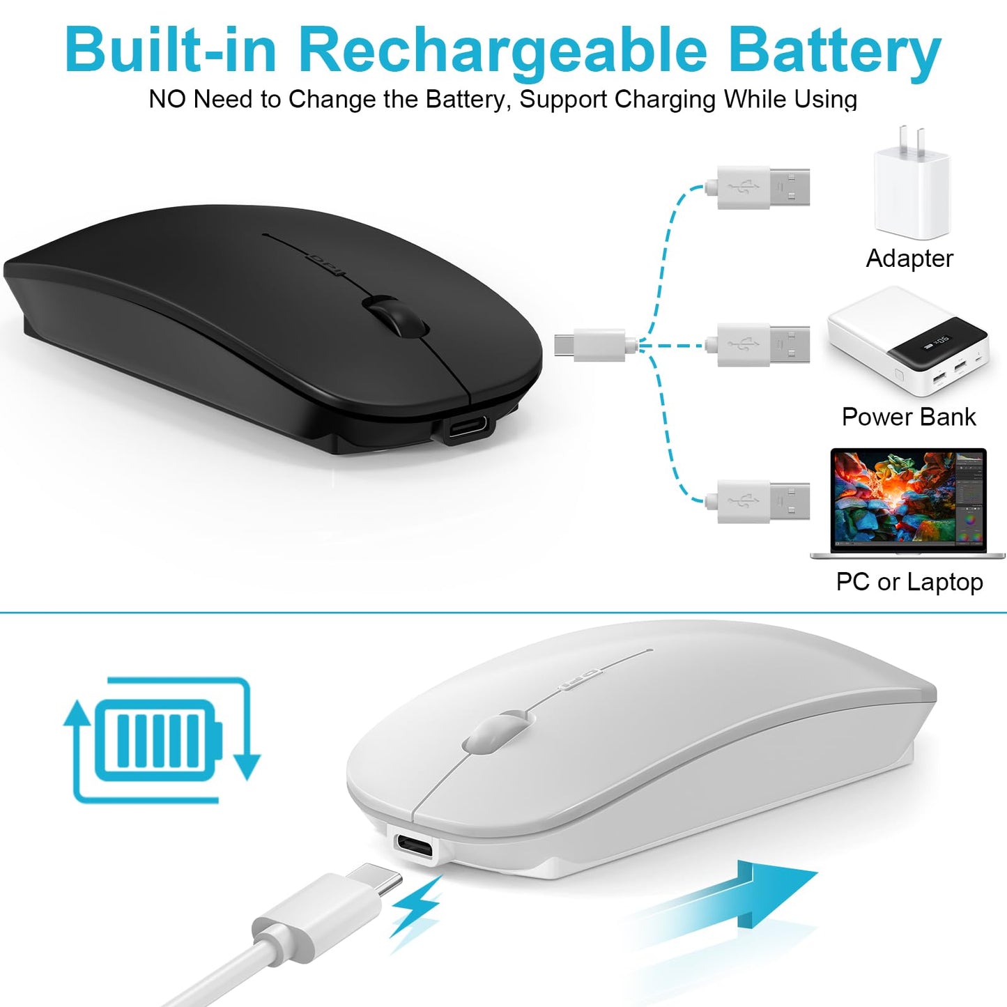 Normdecos Mouse for MacBook Wireless Bluetooth Mouse Laptop MacBook Air Mac Pro Rechargeable Silent PC iPad Optical Mice with Dual Mode Switch Bluetooth 5.2/3.0 and 2.4GHz USB Type-C Receiver Black
