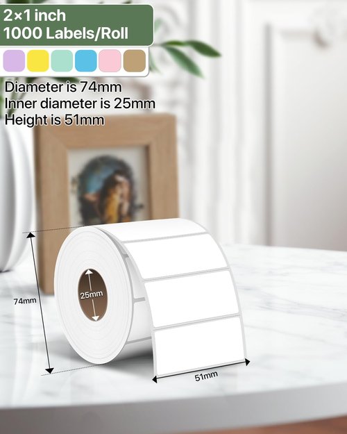 2×1 Inch Thermal Labels Sticker, 50.8mm x 25.4mm Direct Square Self-Adhesive Multi-Purpose Label Paper for Business with Perforation Line White 1000/Roll