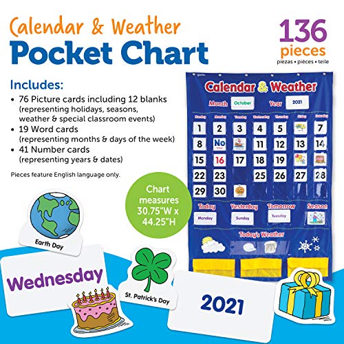 Learning Resources Calendar & Weather Pocket Chart - Classroom Calendar, Calendar and Weather Chart for Classroom, Teacher and Back to School Supplies