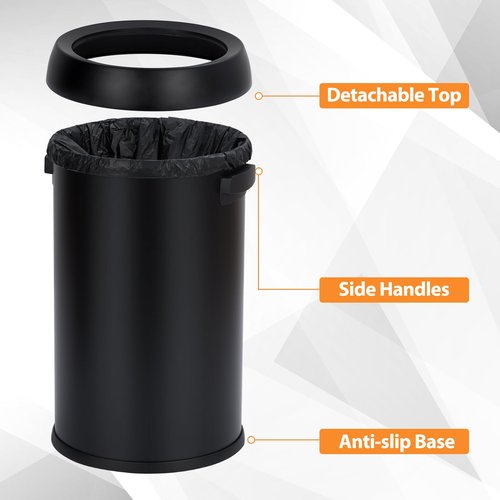GarveeHome 17 Gallon/65 Liter Open Top Trash Can, Stainless Steel Rubbish Bin, Commercial Grade Waste Container, Round Garbage Can for Outdoor, Home Office, Restaurant, Black