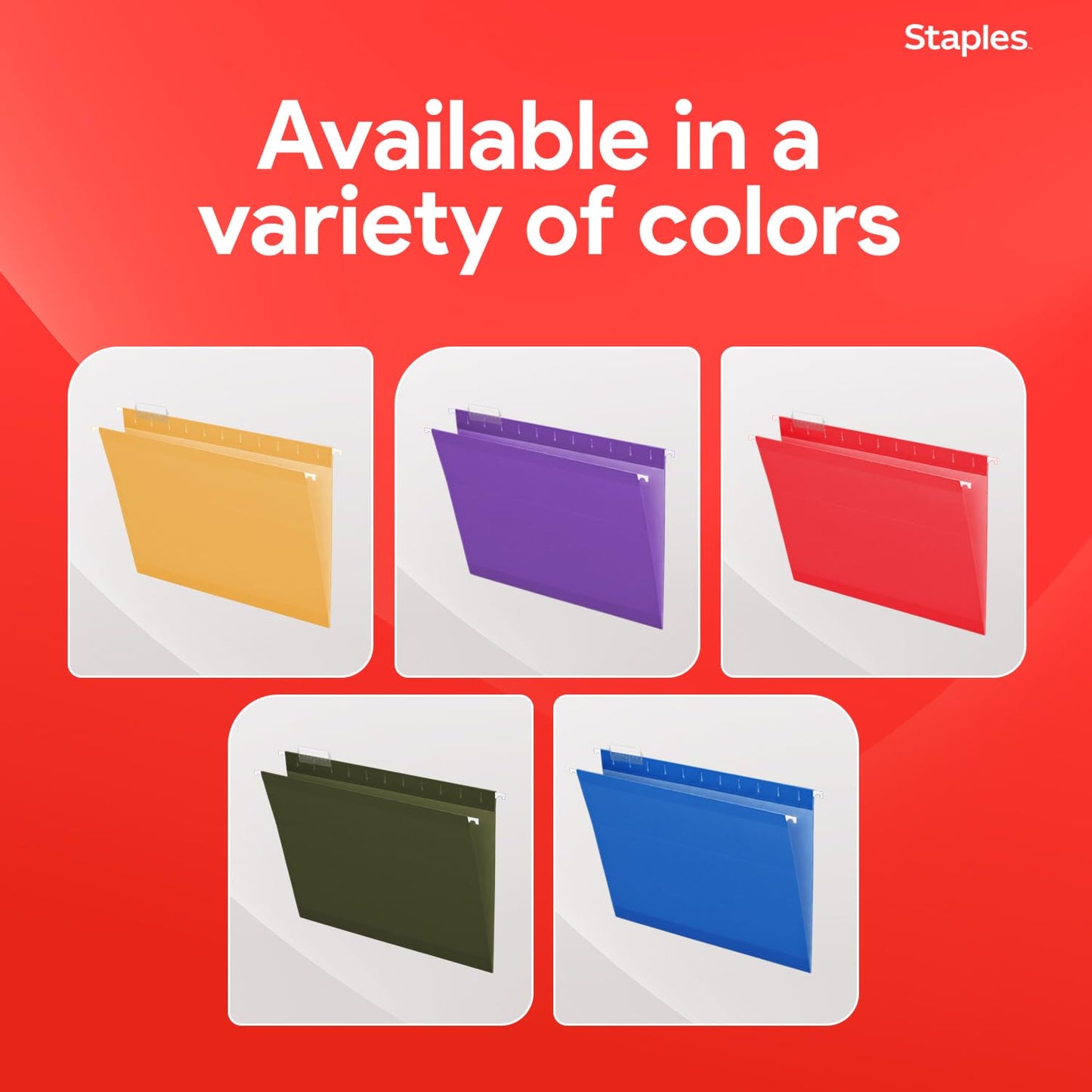 Staples Hanging File Folders, Letter Size, Yellow, 5‑Tab, Durable Construction – 25/Box