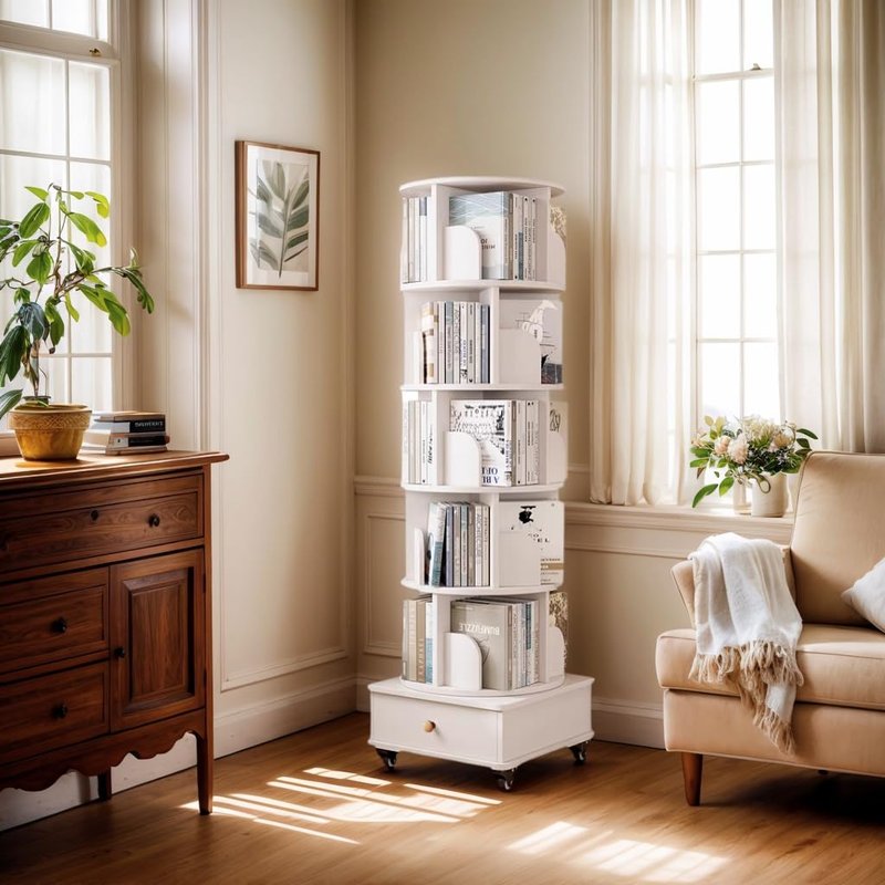 Ywin 6 Tier Solid Wood Rotating Bookshelf with Wheels, 360°Spinning Book Shelf Tower with Storage Cabinet,Round Revolving Bookcase Organizer, Rolling Bookshelves for Small Spaces, Corner, Bedroom