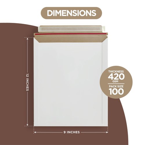 Rigid Mailers 9x12 Inches with 200 Side Strips for Extra Protection from Bending - 100 Pack β Self Adhesive with tear strip for Documents, Photos, CDs, Magazines, and Literature