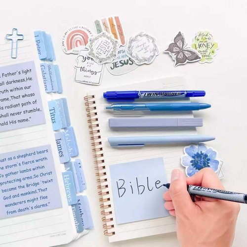 J6&H6 Bible Journaling Kit - 170Pcs Complete Study Supplies with Foldable Pencil Case & 12 Pastel Highlighters | Blue
