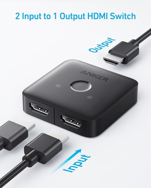 Anker HDMI Switch, 4K@60Hz HDMI Switcher, 2 in 1 Out with Smooth Finish, Supports HDR, 3D, Dolby, Compatible with Laptops, PC, Xbox Series, PS5 / PS4, Projector, and More