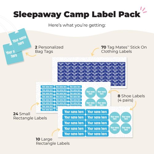 Mabel’s Labels Waterproof, Laundry-Safe Sleepaway Camp Label Pack – Laundry-Safe Kids' Name Labels That Peel and Stick to Clothing Care Tags – 112 lables and 2 Bag Tags - Crumple Tie Dye