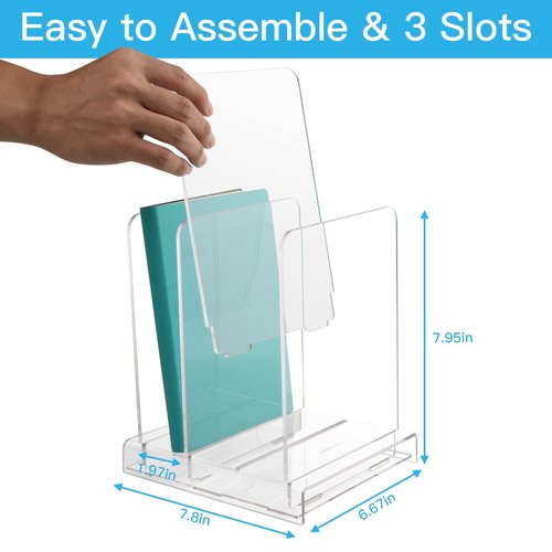 Homakover Acrylic Desk Organizer and File Organizer, 3 Slots Desktop File Organizer Standing Rack on Table for Magazines, Binders, Mails & CD Records Storage Holder with Detachable Dividers