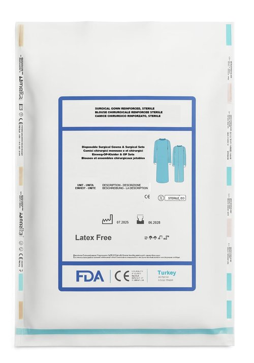 Regine Switzerland Disposable Isolation Gowns - Level 3 Sterile, Latex-Free, Long Cuffed Sleeve, Blue - 1 Count