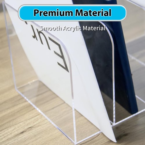 Jumyee Acrylic File Organizer, Clear Desk Organizer Workspace Sorters, Magazine Binder Holder with 4 Vertical Compartments Bookshelf for Desk Home Office